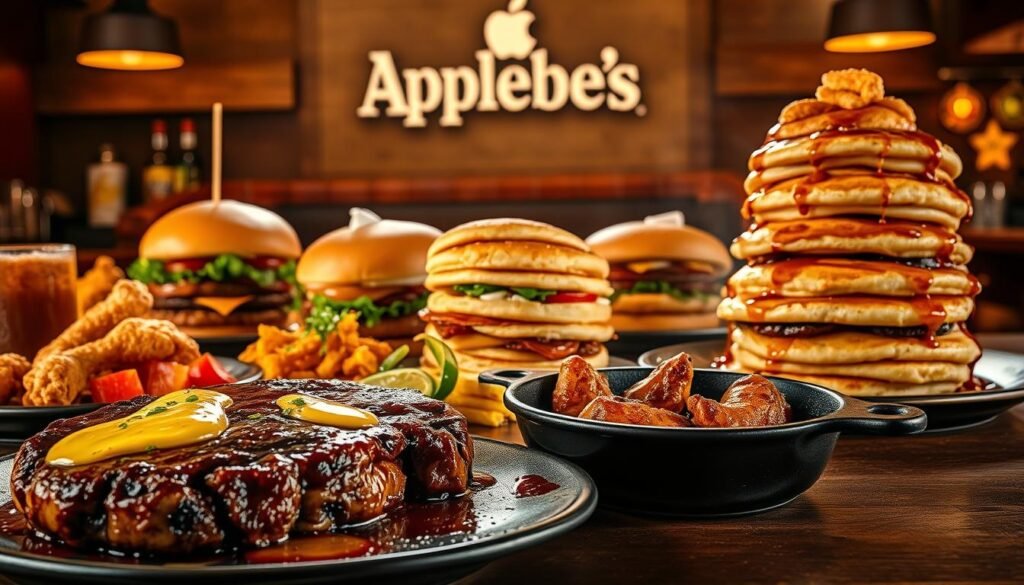 A beautifully lit and detailed scene showcasing the signature menu items of Applebee's. In the foreground, an array of tempting dishes - a juicy steak with garlic butter, steaming fajitas sizzling on a cast-iron skillet, and a stack of fluffy pancakes drizzled in maple syrup. Mouthwatering burgers and crispy chicken tenders occupy the middle ground, while in the background, the Applebee's logo and branding elements create a cohesive and recognizable setting. The lighting is warm and inviting, casting a soft glow over the scene and highlighting the vibrant colors and textures of the food. The composition is balanced and visually appealing, capturing the essence of Applebee's popular menu specialties.