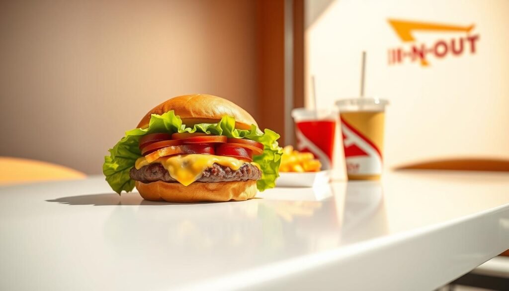 A brightly lit, high-resolution image of an In-N-Out Burger "Protein Style" menu item displayed on a sleek, minimalist table. The foreground features the burger with a crisp, fresh lettuce wrap instead of a bun, showcasing the thick beef patty, melted cheese, and fresh toppings. The middle ground includes a small stack of fries and a drink, all arranged in an aesthetically pleasing, low-carb configuration. The background has a clean, white backdrop, highlighting the natural, high-quality ingredients. The lighting is warm and natural, casting soft shadows and emphasizing the textures and colors of the dish. The overall mood is modern, appetizing, and focused on the protein-forward, low-carb aspects of the special menu item.