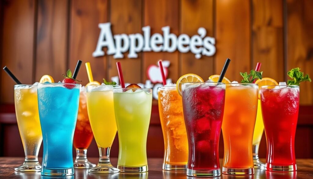 A cheerful display of colorful Applebee's bucket drinks, set against a warm, inviting backdrop. In the foreground, an array of tall, frosty glasses filled with vibrant cocktails, each topped with a festive garnish. The middle ground showcases the iconic Applebee's logo, subtly hinting at the brand's presence. The background blends a cozy, casual atmosphere with hints of rustic wood paneling and soft lighting, creating an atmosphere of relaxation and indulgence. The overall scene radiates a sense of sociability and shared enjoyment, perfectly capturing the essence of Applebee's bucket drink selection.