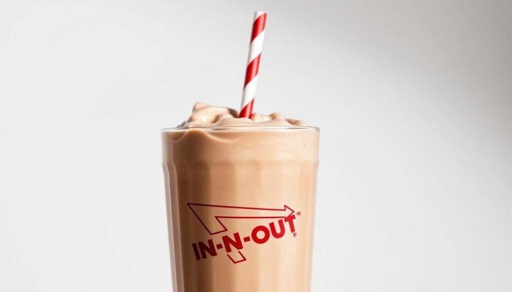 A close-up photograph of an In-N-Out milkshake, capturing its creamy, thick texture and rich chocolate color. The milkshake is set against a white background, allowing the subject to be the focal point. Soft, directional lighting casts gentle shadows, highlighting the smooth surface and the classic straw protruding from the tall glass. The composition emphasizes the iconic In-N-Out branding, with the classic cursive logo visible on the cup. The overall mood is clean, appetizing, and focused on showcasing the caloric indulgence of the shake. A close-up photograph of an In-N-Out milkshake, capturing its creamy, thick texture and rich chocolate color. The milkshake is set against a white background, allowing the subject to be the focal point. Soft, directional lighting casts gentle shadows, highlighting the smooth surface and the classic straw protruding from the tall glass. The composition emphasizes the iconic In-N-Out branding, with the classic cursive logo visible on the cup. The overall mood is clean, appetizing, and focused on showcasing the caloric indulgence of the shake.