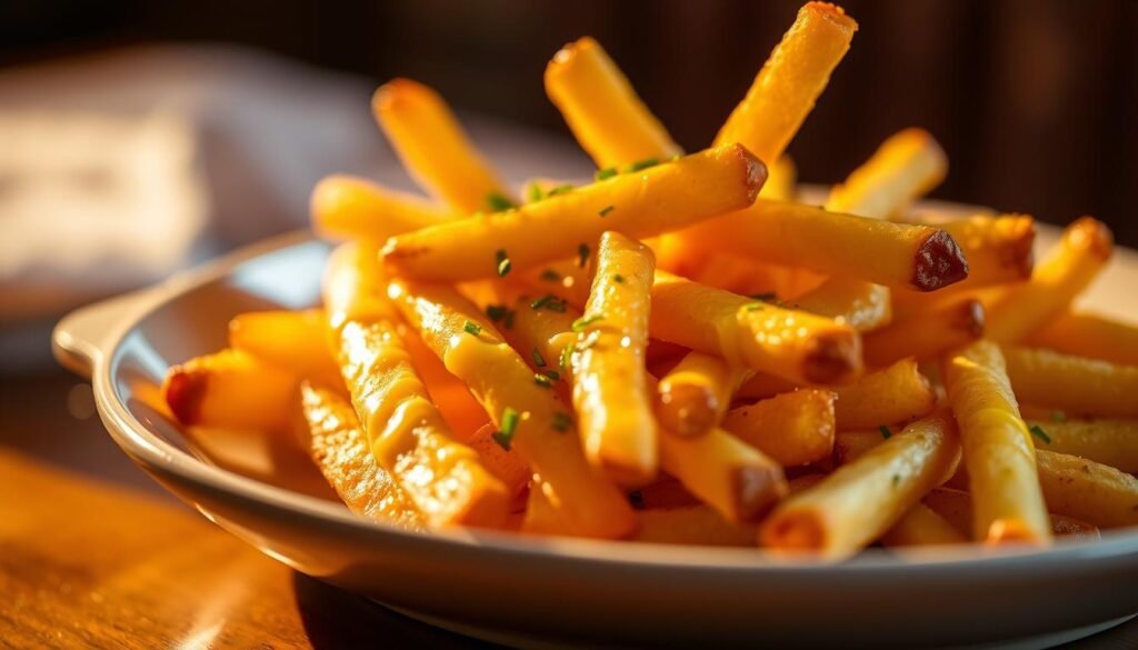 A close-up shot of a plate of golden, crispy French fries with a glistening layer of melted cheese and sprinkling of chopped chives, bathed in warm, inviting lighting that casts a soft, cozy atmosphere. The fries are arranged in an artful, almost sculptural manner, hinting at the hidden secrets and unexpected delights that lie within this unassuming yet indulgent dish. The image captures the tantalizing textures and flavors, beckoning the viewer to discover the true depth and complexity of this "secret" menu item.
