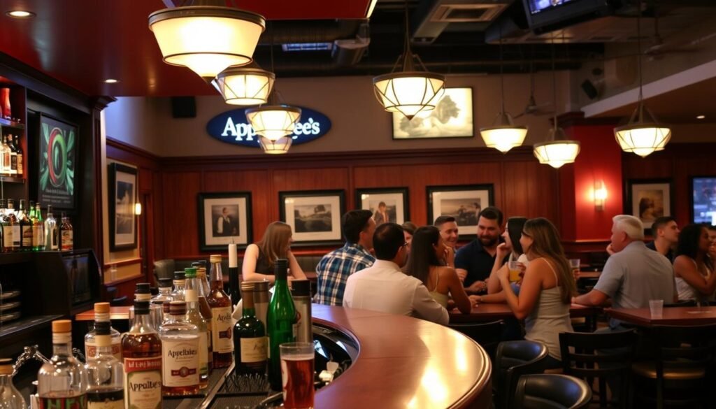 A cozy and inviting Applebee's restaurant interior, with warm lighting and a lively atmosphere. The foreground features a prominent bar area, with bottles of liquor, mixers, and glassware neatly arranged. In the middle ground, a group of friends sitting at a high-top table, laughing and enjoying their drinks. The background showcases the familiar Applebee's decor, including wood-paneled walls, framed artwork, and hanging pendant lights. The overall scene conveys the excitement and energy of a bustling weekend happy hour at this popular casual dining establishment. A cozy and inviting Applebee's restaurant interior, with warm lighting and a lively atmosphere. The foreground features a prominent bar area, with bottles of liquor, mixers, and glassware neatly arranged. In the middle ground, a group of friends sitting at a high-top table, laughing and enjoying their drinks. The background showcases the familiar Applebee's decor, including wood-paneled walls, framed artwork, and hanging pendant lights. The overall scene conveys the excitement and energy of a bustling weekend happy hour at this popular casual dining establishment.
