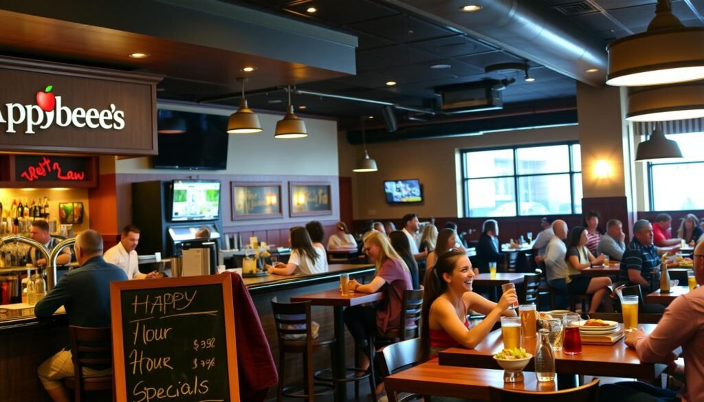 A cozy, dimly-lit Applebee's restaurant interior, with a prominent bar in the foreground featuring a chalkboard sign displaying the &amp;amp;amp;amp;amp;amp;amp;amp;amp;amp;amp;amp;amp;quot;Happy Hour Specials&amp;amp;amp;amp;amp;amp;amp;amp;amp;amp;amp;amp;amp;quot; menu. Patrons seated at high-top tables, enjoying discounted drinks and appetizers. Warm, inviting lighting casts a soft glow, creating a relaxed, social atmosphere. In the background, glimpses of the restaurant's casual dining area, with a few patrons enjoying their meals. The scene conveys the welcoming, lively vibe of an Applebee's Happy Hour, enticing viewers to take advantage of the special offers.