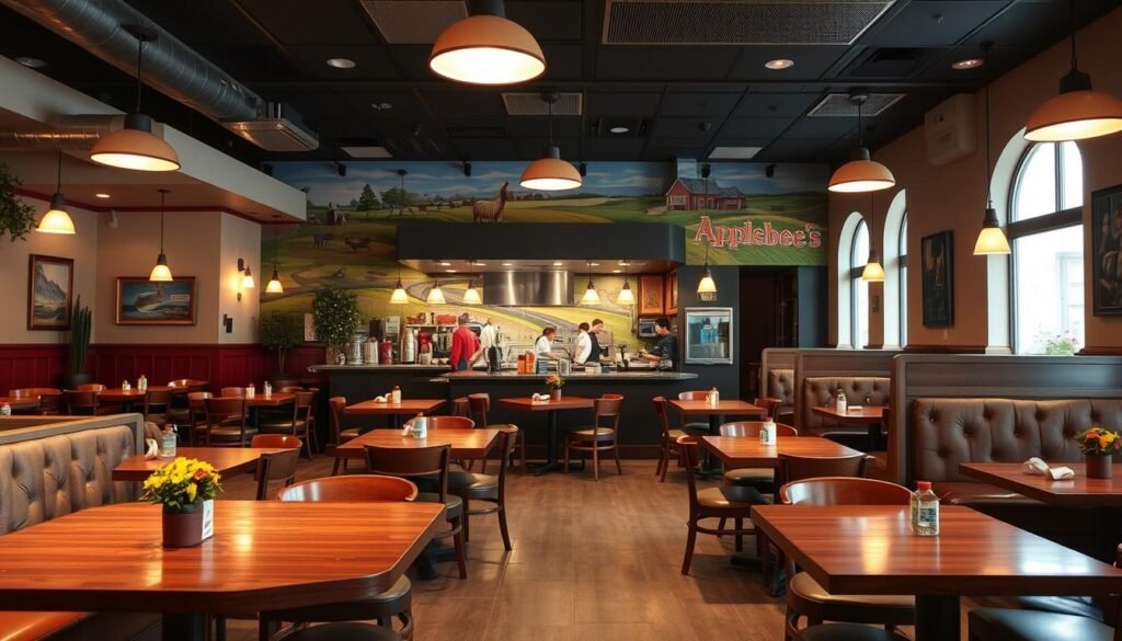 A cozy, family-friendly Applebee's restaurant interior, bathed in warm, inviting lighting. The foreground features a spacious dining area with sturdy wooden tables and comfortable upholstered booths, perfect for sharing a meal. The middle ground showcases a bustling open kitchen, where skilled chefs prepare delectable dishes. In the background, a vibrant mural adorns the wall, depicting scenes of American heartland and small-town charm. Subtle decorative touches, such as potted plants and framed artwork, create a welcoming ambiance. The overall atmosphere conveys a sense of casual comfort and togetherness, making it an ideal setting for families to enjoy a wholesome, memorable dining experience. A cozy, family-friendly Applebee's restaurant interior, bathed in warm, inviting lighting. The foreground features a spacious dining area with sturdy wooden tables and comfortable upholstered booths, perfect for sharing a meal. The middle ground showcases a bustling open kitchen, where skilled chefs prepare delectable dishes. In the background, a vibrant mural adorns the wall, depicting scenes of American heartland and small-town charm. Subtle decorative touches, such as potted plants and framed artwork, create a welcoming ambiance. The overall atmosphere conveys a sense of casual comfort and togetherness, making it an ideal setting for families to enjoy a wholesome, memorable dining experience.