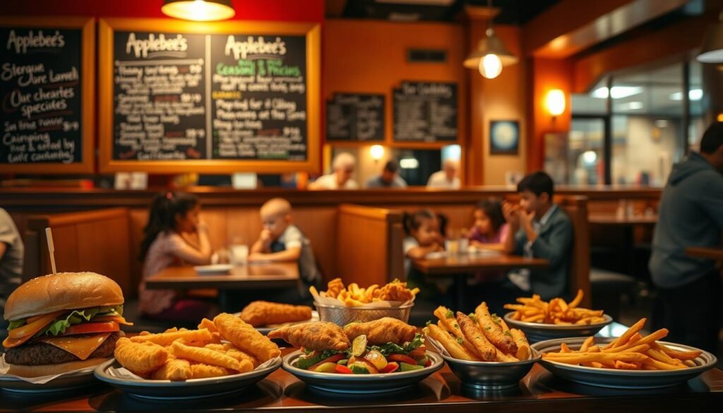 A cozy, warm-lit diner scene featuring the Applebee's Kids Menu Seasonal Specials. In the foreground, a delightful array of kid-friendly dishes - juicy burgers, crispy chicken tenders, and vibrant veggie sides. Floating above, handwritten chalkboard menus highlight the limited-time offerings. In the middle ground, families gathered around wood-paneled booths, enjoying quality time together. The background depicts the inviting atmosphere of the Applebee's restaurant, with glimpses of the open kitchen and friendly staff. Soft, diffused lighting casts a comforting glow, evoking a sense of nostalgia and community. A cozy, warm-lit diner scene featuring the Applebee's Kids Menu Seasonal Specials. In the foreground, a delightful array of kid-friendly dishes - juicy burgers, crispy chicken tenders, and vibrant veggie sides. Floating above, handwritten chalkboard menus highlight the limited-time offerings. In the middle ground, families gathered around wood-paneled booths, enjoying quality time together. The background depicts the inviting atmosphere of the Applebee's restaurant, with glimpses of the open kitchen and friendly staff. Soft, diffused lighting casts a comforting glow, evoking a sense of nostalgia and community.