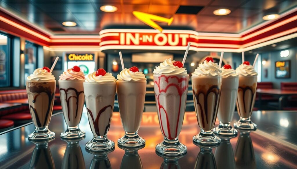 A cozy, well-lit diner interior with a large, gleaming counter showcasing a variety of milkshakes in classic flavors like chocolate, strawberry, and vanilla. The milkshakes are topped with swirls of whipped cream and adorned with maraschino cherries, creating a tempting and visually appealing display. The scene is accentuated by warm lighting, reflecting off the shiny metal surfaces and creating a welcoming, retro-inspired ambiance. The overall composition highlights the classic, nostalgic charm of an In-N-Out Burger establishment, inviting the viewer to indulge in a refreshing and delightful milkshake experience.