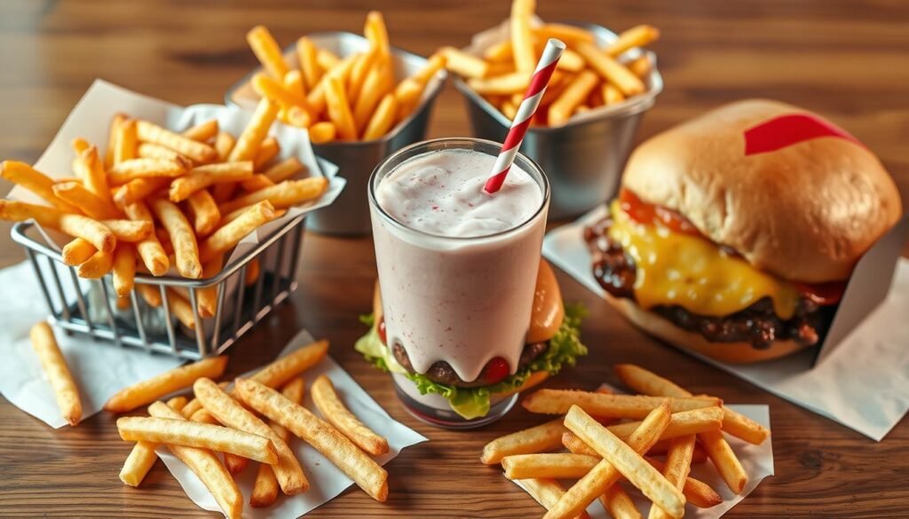 A delectable spread of In-N-Out secret menu items arranged artfully on a wooden tabletop. Crisp, golden-brown animal-style fries, a mouthwatering double-double burger with perfectly melted cheese, and a refreshing strawberry shake taking center stage. The lighting is soft and natural, highlighting the vibrant colors and textures of the dishes. The composition is balanced, drawing the viewer's eye to the key elements. The overall mood is one of inviting indulgence, capturing the essence of customizing your In-N-Out experience to the fullest. A delectable spread of In-N-Out secret menu items arranged artfully on a wooden tabletop. Crisp, golden-brown animal-style fries, a mouthwatering double-double burger with perfectly melted cheese, and a refreshing strawberry shake taking center stage. The lighting is soft and natural, highlighting the vibrant colors and textures of the dishes. The composition is balanced, drawing the viewer's eye to the key elements. The overall mood is one of inviting indulgence, capturing the essence of customizing your In-N-Out experience to the fullest.