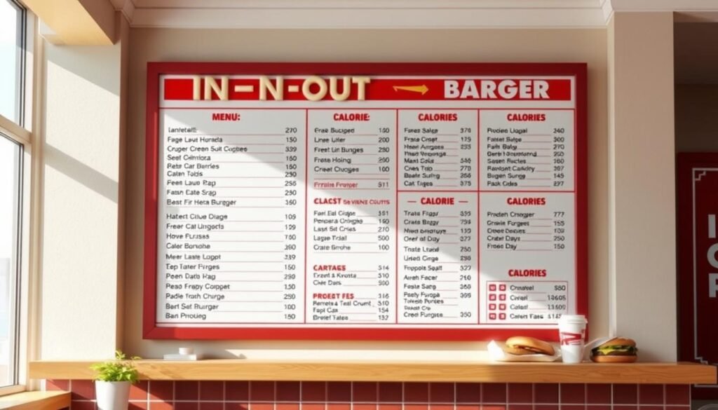 A detailed and stylized rendering of an In-N-Out Burger menu board, presented against a warm, inviting backdrop. The menu items are displayed with their corresponding calorie counts, presented in a clear and legible fashion. The lighting is soft and natural, highlighting the textured surfaces of the menu and creating a welcoming atmosphere. The composition is balanced, with the menu board occupying the central focal point, surrounded by a tasteful array of complementary design elements that enhance the overall visual appeal. The image conveys a sense of approachability and practicality, reflecting the informative and educational nature of the article's subject matter.