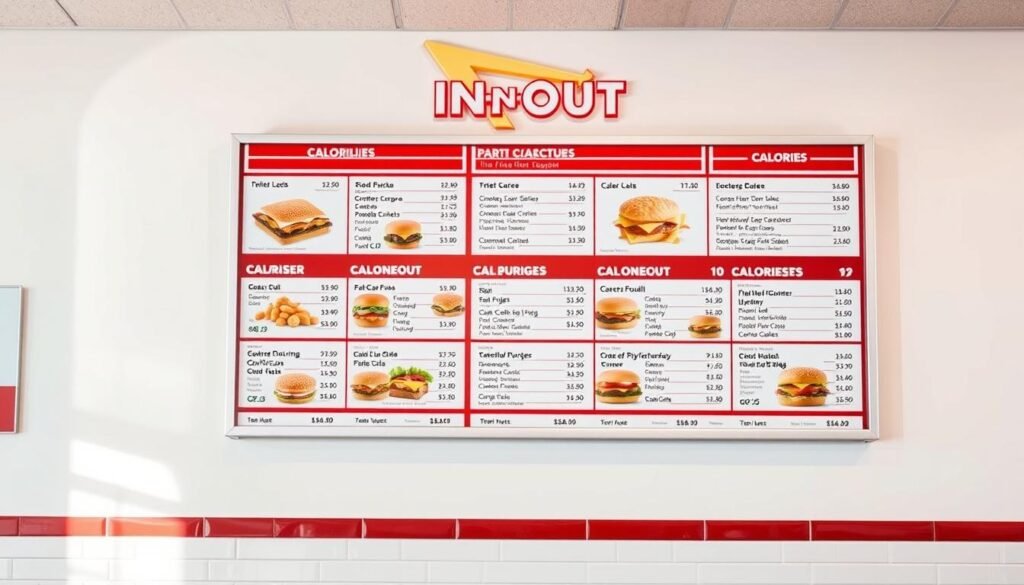 A neatly organized In-N-Out menu board displayed on a white wall, with carefully arranged food items and their calorie counts presented in a clean, informative manner. The scene is lit from above with soft, natural lighting, creating a bright and inviting atmosphere. The menu items are photographed from a slightly elevated angle, giving a visually appealing perspective. The layout is balanced and visually striking, highlighting the calorie information in a way that is easy to understand and engage with.
