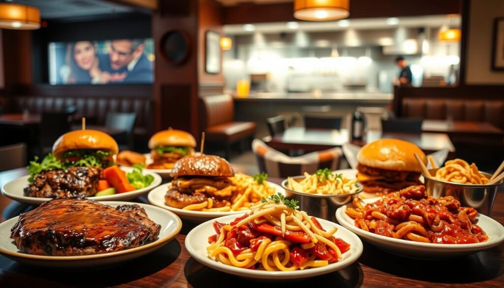 A showcase of Applebee's premium entrées, captured in a warm, inviting setting. In the foreground, an array of expertly plated dishes, each one a delectable masterpiece - tender steaks, juicy burgers, and hearty pasta creations. The middle ground features a well-appointed dining area, with cozy booths and tasteful decor that evokes the restaurant's casual-yet-refined ambiance. In the background, a softly lit, open kitchen bustles with activity, giving a glimpse into the culinary artistry at work. Captured with a wide-angle lens and natural lighting, the scene conveys the premium quality and thoughtful presentation of Applebee's signature main plates.