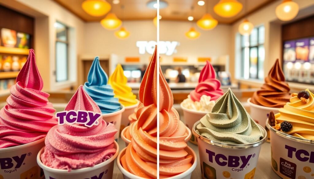 A split image comparing TCBY frozen yogurt to competing brands, showcasing vibrant, colorful frozen yogurt swirls in bowls, each labeled with the brand it represents. In the foreground, a well-arranged display of TCBY’s signature flavors includes rich, creamy textures and fresh toppings like fruits and nuts, creating an inviting, delectable appearance. The middle features competitors' options, slightly less enticing but still appealing, providing a clear differentiation in quality. The background depicts a bright, modern yogurt shop interior with warm lighting that highlights the freshness of ingredients. The atmosphere should feel friendly and healthy, encouraging a sense of choice and satisfaction. Use a slightly overhead angle for a comprehensive view, ensuring clarity and detail in the textures and colors of the yogurts.