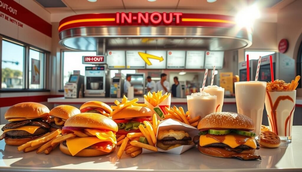 A sunlit fast-food counter displaying a variety of secret and specialty In-N-Out sandwich creations. In the foreground, an assortment of burgers, fries, and milkshakes are arranged artfully, showcasing the rich, mouthwatering textures and vibrant colors of the off-menu items. The middle ground features a gleaming, chrome-accented counter with friendly staff taking orders, while the background reveals the classic In-N-Out branding and decor, creating a welcoming, nostalgic atmosphere. Warm, natural lighting highlights the freshness and quality of the ingredients, inviting the viewer to imagine the delicious, unique flavor combinations hidden beyond the standard menu.
