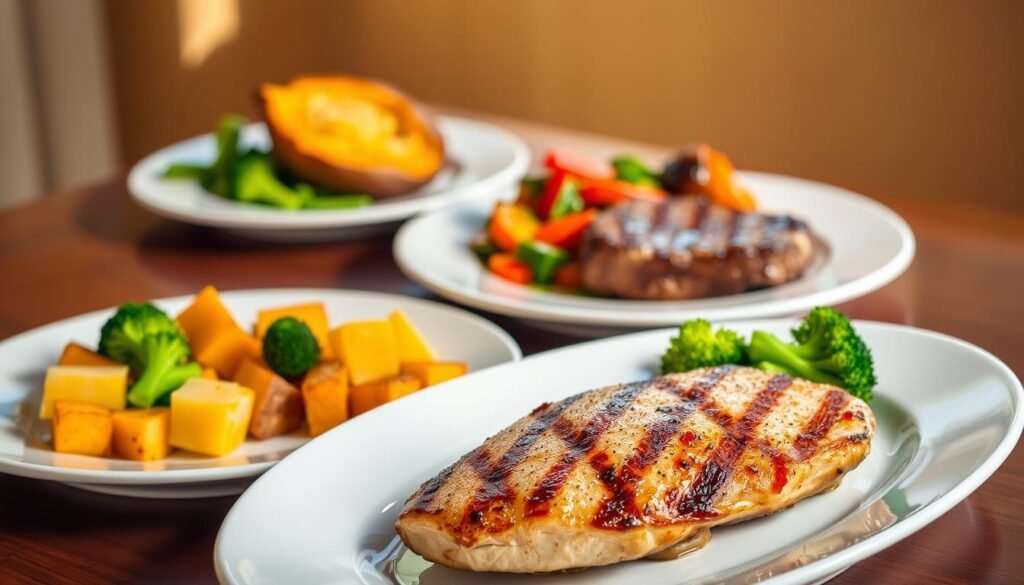 A table set with a selection of Applebee's gluten-free main course dishes. In the foreground, a plate featuring a grilled chicken breast, steamed broccoli, and roasted potatoes, all arranged in an appetizing manner. In the middle ground, a second plate showcases a juicy sirloin steak accompanied by a baked sweet potato and sautéed vegetables. The background features a neutral, softly-lit environment, creating a warm and inviting atmosphere. The lighting is natural, with a slight golden hue, and the camera angle is slightly elevated to provide a clear view of the dishes. The overall presentation conveys the high-quality, flavorful, and gluten-free nature of Applebee's main course options. A table set with a selection of Applebee's gluten-free main course dishes. In the foreground, a plate featuring a grilled chicken breast, steamed broccoli, and roasted potatoes, all arranged in an appetizing manner. In the middle ground, a second plate showcases a juicy sirloin steak accompanied by a baked sweet potato and sautéed vegetables. The background features a neutral, softly-lit environment, creating a warm and inviting atmosphere. The lighting is natural, with a slight golden hue, and the camera angle is slightly elevated to provide a clear view of the dishes. The overall presentation conveys the high-quality, flavorful, and gluten-free nature of Applebee's main course options.
