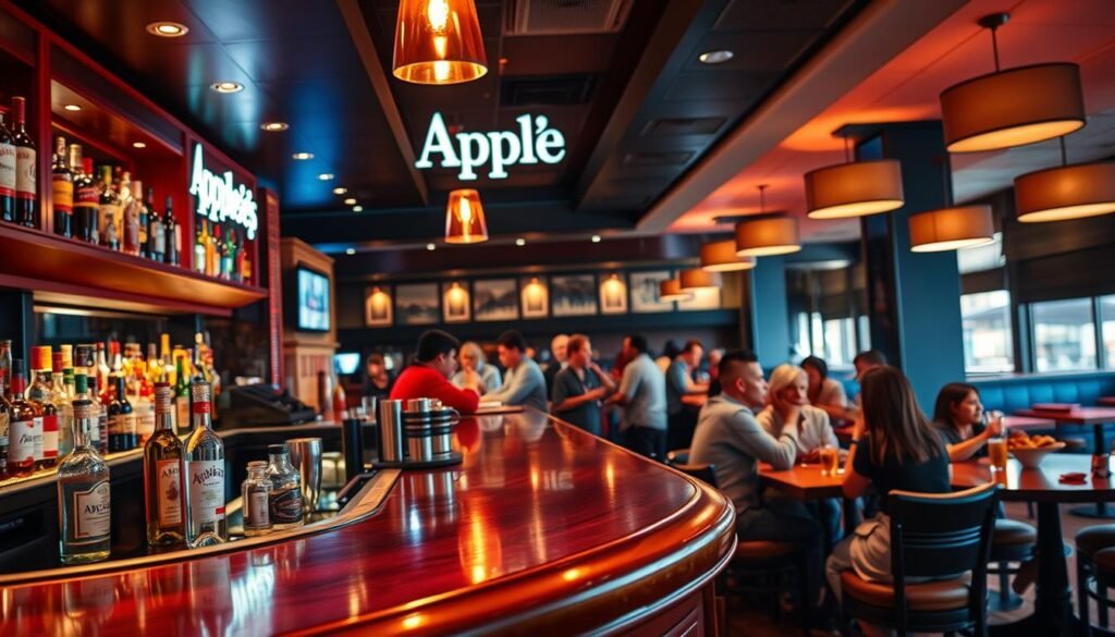 A vibrant Applebee's setting with a playful, inviting atmosphere. In the foreground, a wooden bar counter with bottles of liquor and glassware, hinting at the happy hour specials. The middle ground features patrons enjoying drinks and appetizers, capturing the social and lively mood. The background showcases the restaurant's modern decor, with soft lighting and cozy furnishings that create a welcoming ambiance. The overall composition emphasizes the energy and affordability of Applebee's happy hour, encouraging readers to maximize their savings and savor the experience. A vibrant Applebee's setting with a playful, inviting atmosphere. In the foreground, a wooden bar counter with bottles of liquor and glassware, hinting at the happy hour specials. The middle ground features patrons enjoying drinks and appetizers, capturing the social and lively mood. The background showcases the restaurant's modern decor, with soft lighting and cozy furnishings that create a welcoming ambiance. The overall composition emphasizes the energy and affordability of Applebee's happy hour, encouraging readers to maximize their savings and savor the experience.