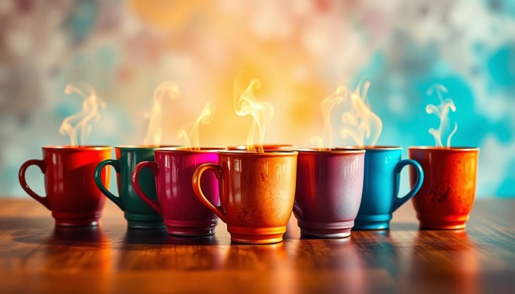 A vibrant and energetic representation of "7 ENERGY," featuring seven brightly colored coffee cups arranged in a dynamic circular layout, each cup showcasing unique and aromatic steam patterns rising vividly. Foreground: the cups with rich textures and distinct designs, illuminated by warm, glowing light that emphasizes freshness. Middle: a smooth wooden table surface, slightly reflective, suggesting a cozy café ambiance. Background: an abstract blend of soft pastel colors creating an energizing atmosphere, evoking creativity and excitement. The scene is shot from a slightly elevated angle to capture the depth of the arrangement, with a focus that sharpens the detail on the cups while gently blurring the background. Overall mood is uplifting and inviting, perfect for inspiring a love for coffee and energy in a casual setting.