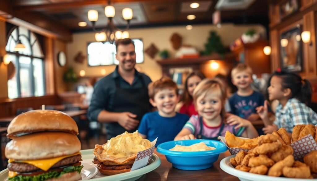 A vibrant and welcoming Applebee's restaurant interior, with a dedicated children's section featuring a cozy, family-friendly atmosphere. The foreground showcases an array of colorful and playful menu items, including kid-sized burgers, mac and cheese, and chicken tenders, all presented in an appetizing and visually appealing manner. The middle ground depicts a friendly server interacting with a group of smiling children, creating a sense of engagement and service. The background is softly lit, with warm wood tones and inviting decor, conveying a sense of comfort and delight. The overall scene exudes a wholesome, inviting, and child-centric ambiance, perfectly capturing the essence of Applebee's Kids Menu Specials. A vibrant and welcoming Applebee's restaurant interior, with a dedicated children's section featuring a cozy, family-friendly atmosphere. The foreground showcases an array of colorful and playful menu items, including kid-sized burgers, mac and cheese, and chicken tenders, all presented in an appetizing and visually appealing manner. The middle ground depicts a friendly server interacting with a group of smiling children, creating a sense of engagement and service. The background is softly lit, with warm wood tones and inviting decor, conveying a sense of comfort and delight. The overall scene exudes a wholesome, inviting, and child-centric ambiance, perfectly capturing the essence of Applebee's Kids Menu Specials.