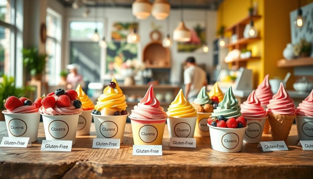 A vibrant display of gluten-free dessert options featuring a variety of colorful frozen yogurt cups topped with fresh fruits like strawberries, blueberries, and kiwi. The foreground shows a rustic wooden table adorned with small labels indicating "Gluten-Free" next to each treat. In the middle ground, a collection of elegantly arranged gluten-free cones and bowls filled with creamy, swirled yogurt in pastel colors awaits. In the background, a softly blurred backdrop of a cheerful, bright shop interior with a welcoming atmosphere enhances the scene. Natural sunlight pours in, casting warm, inviting light on the selection. The overall mood is fresh, wholesome, and encouraging for those seeking delicious gluten-free choices.