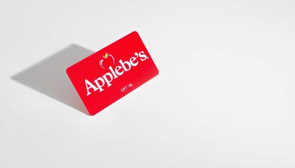 A vibrant, minimalist composition depicting an Applebee's gift card against a clean, white background. The card is positioned at a slight angle, capturing the glossy, plastic finish and the Applebee's logo in vivid detail. Soft, directional lighting illuminates the card, creating subtle shadows and highlights that add depth and dimension. The overall mood is one of simplicity and elegance, emphasizing the gift card as the focal point and conveying the idea of savings and value associated with Applebee's.