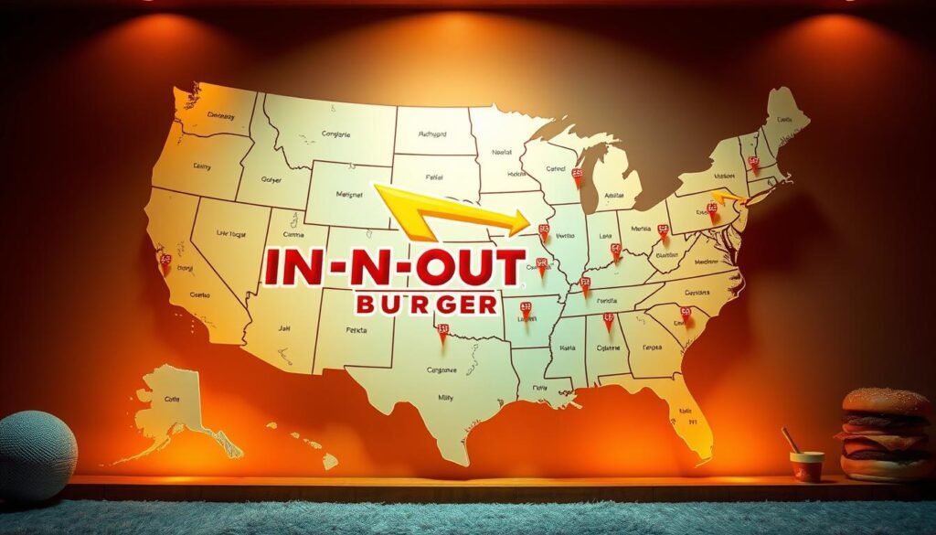 A visually striking map of the United States, showcasing the regional availability of In-N-Out Burger locations. The map is rendered in a realistic, hand-drawn style, with intricate details and textures that evoke a sense of authenticity. The map is illuminated by warm, soft lighting, creating a cozy, inviting atmosphere. The foreground features the iconic In-N-Out Burger logo, while the middle ground displays the state boundaries and the locations of the restaurants, each denoted by a small, detailed icon. The background features a subtle gradient, adding depth and dimension to the scene. The overall composition is balanced and harmonious, drawing the viewer's eye to the key information while maintaining a visually appealing aesthetic.