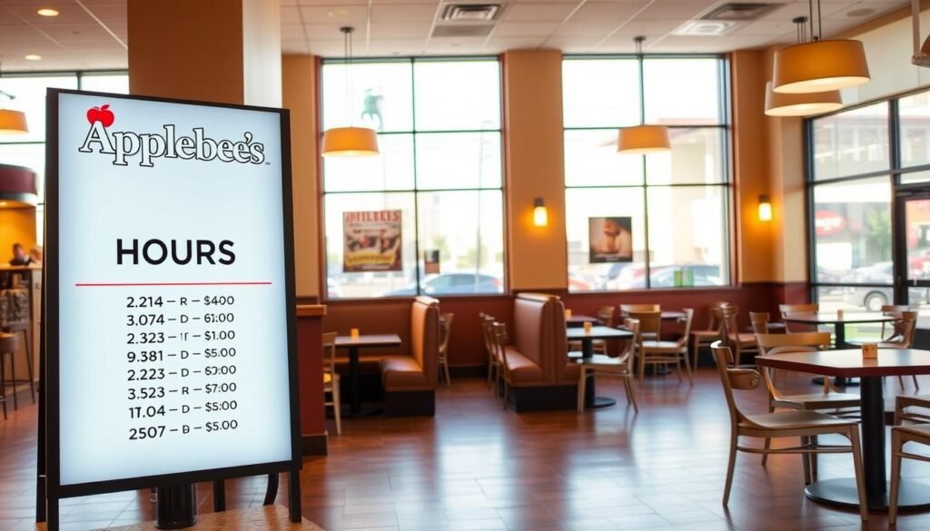 A well-lit, modern interior of an Applebee's restaurant showcasing the hours of operation. The foreground features a sleek, backlit display board with the restaurant's daily hours, from opening to closing, presented in a clean, legible typeface. The middle ground shows the dining area with cozy booths and tables, subtly lit by warm pendant lights. The background captures the inviting atmosphere, with large windows offering a view of the exterior and the restaurant's signage visible outside. The overall scene conveys a welcoming, comfortable ambiance for diners seeking Applebee's current operating hours.