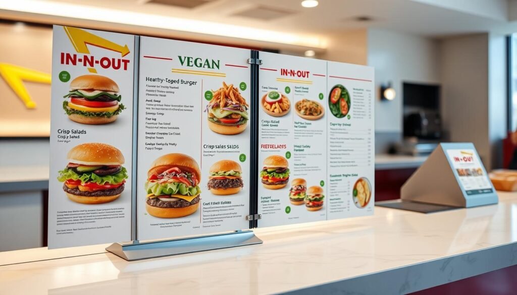 An elegantly designed vegan menu, prominently displayed on a sleek, modern In-N-Out counter. The menu features a variety of vibrant, plant-based options, including hearty veggie burgers, crisp salads, and flavorful sides. The layout is clean and organized, with high-quality food photography showcasing the fresh, sustainable ingredients. The lighting is soft and natural, highlighting the menu's visual appeal. The overall atmosphere conveys a sense of health-conscious indulgence, catering to the growing demand for ethical dining choices within the renowned In-N-Out brand.