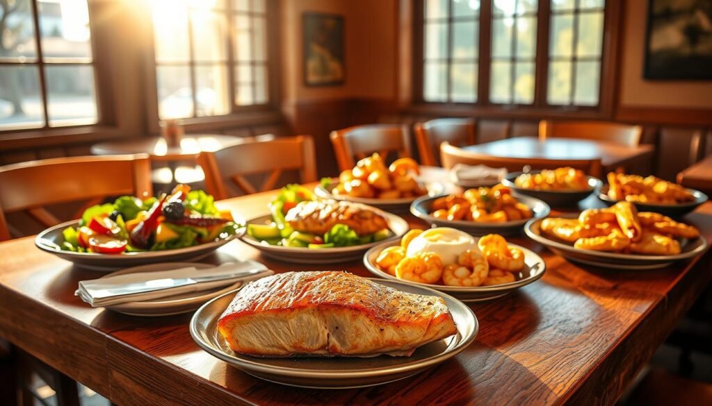 Warm, cozy, and inviting restaurant interior showcasing a spread of delectable gluten-free seafood and chicken dishes on a wooden table. The scene is illuminated by soft, natural lighting from large windows, casting a golden glow over the carefully plated meals. In the foreground, a seared salmon fillet accompanied by a colorful array of roasted vegetables. In the middle ground, a juicy grilled chicken breast served with a vibrant salad and a side of creamy garlic mashed potatoes. The background features additional gluten-free options, such as a sizzling skillet of shrimp scampi and a plate of tender, marinated chicken tenders. The overall atmosphere exudes an air of freshness, quality, and dietary-friendly indulgence. Warm, cozy, and inviting restaurant interior showcasing a spread of delectable gluten-free seafood and chicken dishes on a wooden table. The scene is illuminated by soft, natural lighting from large windows, casting a golden glow over the carefully plated meals. In the foreground, a seared salmon fillet accompanied by a colorful array of roasted vegetables. In the middle ground, a juicy grilled chicken breast served with a vibrant salad and a side of creamy garlic mashed potatoes. The background features additional gluten-free options, such as a sizzling skillet of shrimp scampi and a plate of tender, marinated chicken tenders. The overall atmosphere exudes an air of freshness, quality, and dietary-friendly indulgence.